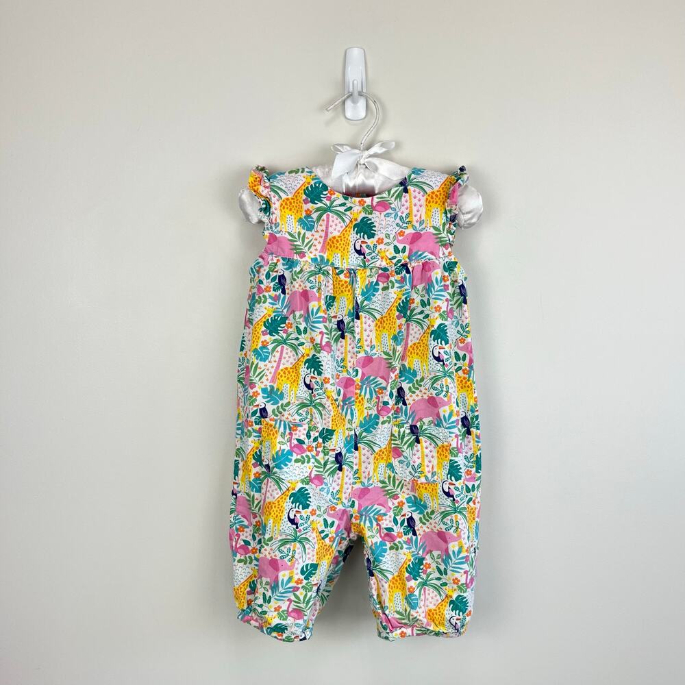 JoJo Maman Bebe Pretty Ruffle Shoulder Sunsuit Tropical Animals 12-18 Months